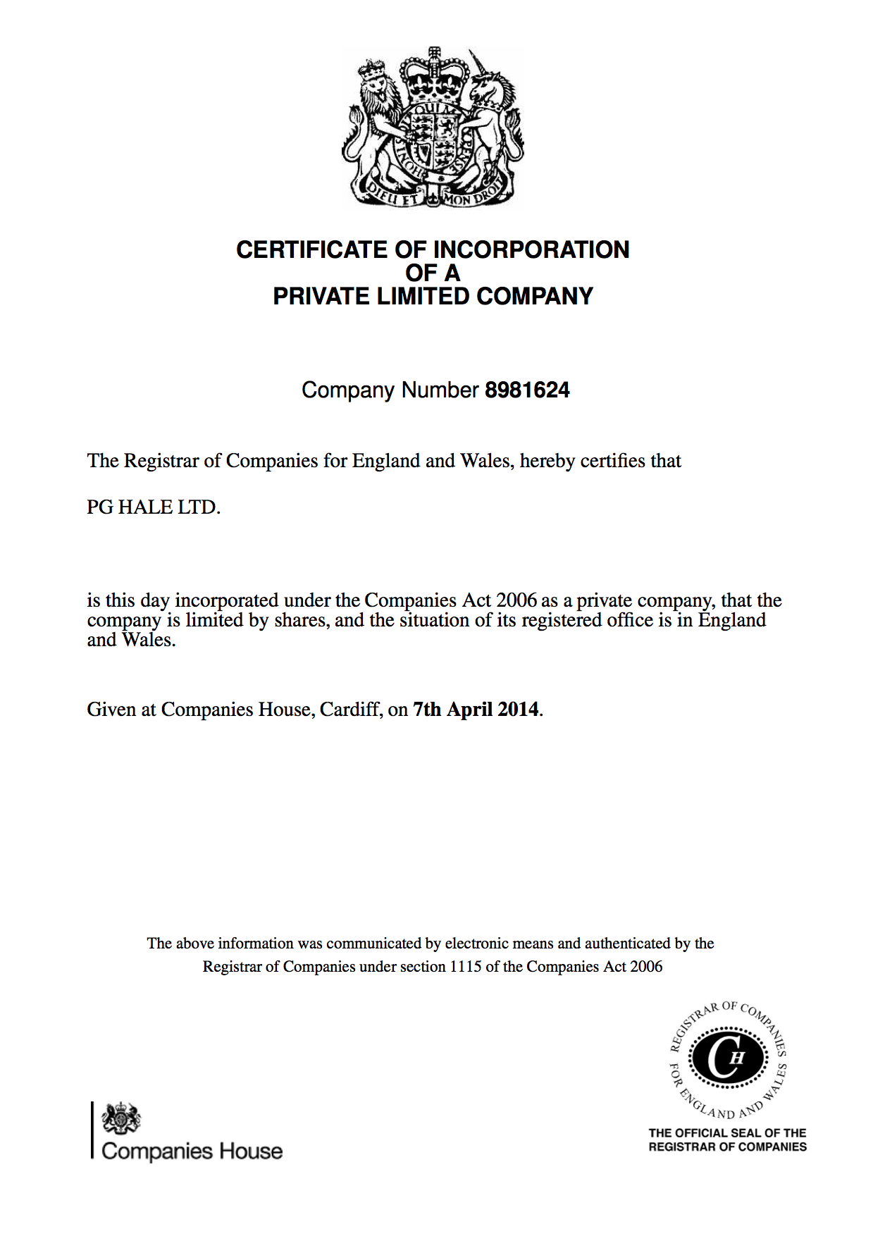 PG Hale Ltd. Certificate of Incorporation
